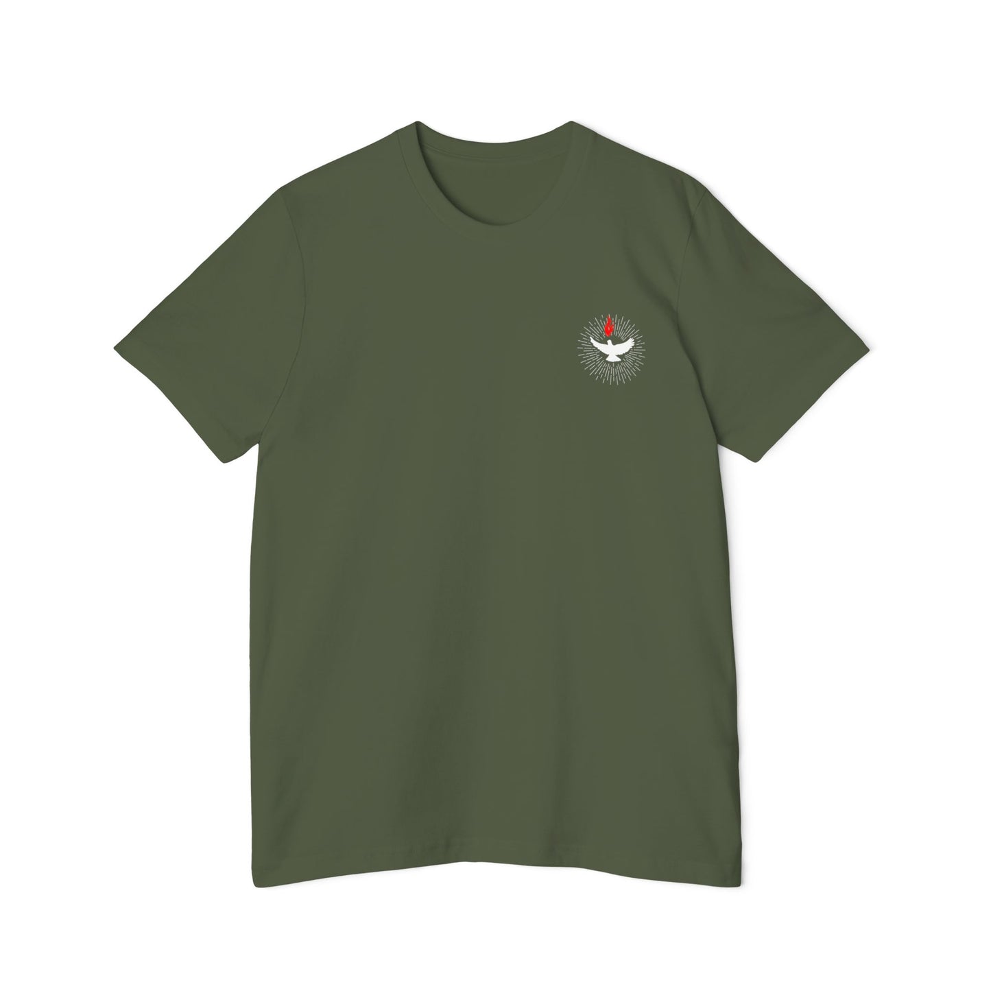Veni Sancte Spiritus with pocket logo T-shirt, Made in USA