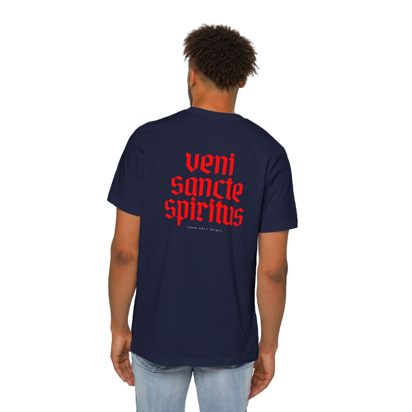 Veni Sancte Spiritus with pocket logo T-shirt, Made in USA