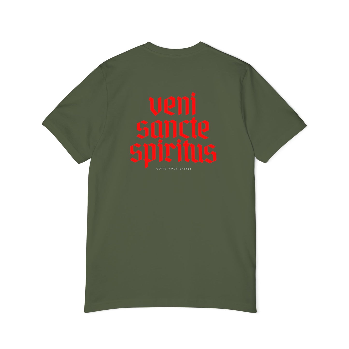 Veni Sancte Spiritus with pocket logo T-shirt, Made in USA