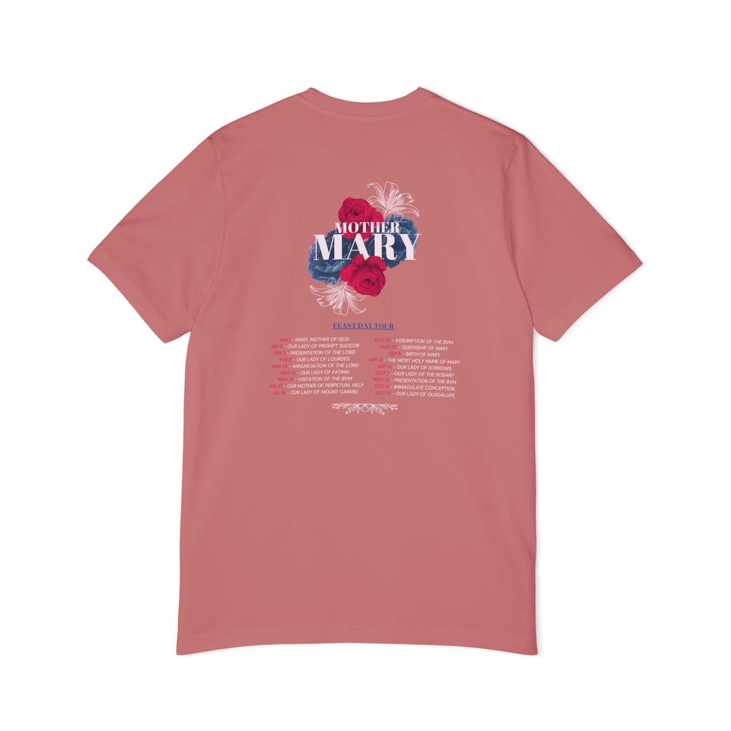 Marian Tour Dates Catholic jersey T-shirt featuring Marian feast days throughout the liturgical year with red, blue, and white flowers in mauve.