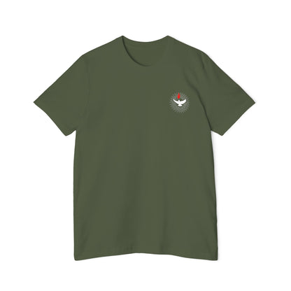 Veni Sancte Spiritus with pocket logo T-shirt, Made in USA