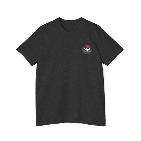 Veni Sancte Spiritus with pocket logo T-shirt, Made in USA