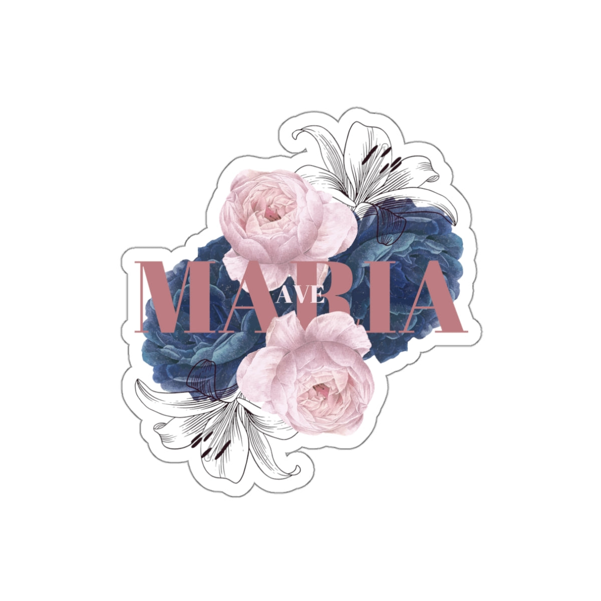 A sticker with a floral design and the text 'Ave Maria' in the center.