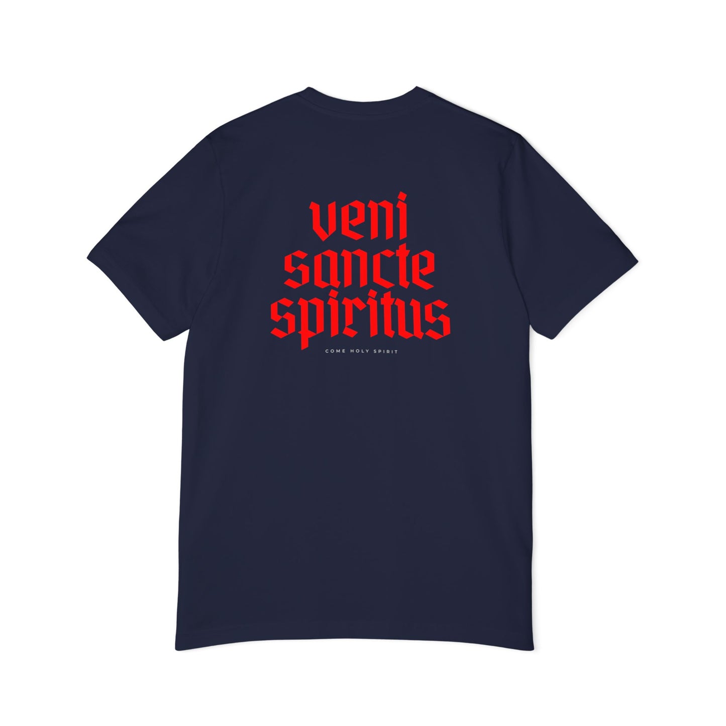 Veni Sancte Spiritus with pocket logo T-shirt, Made in USA