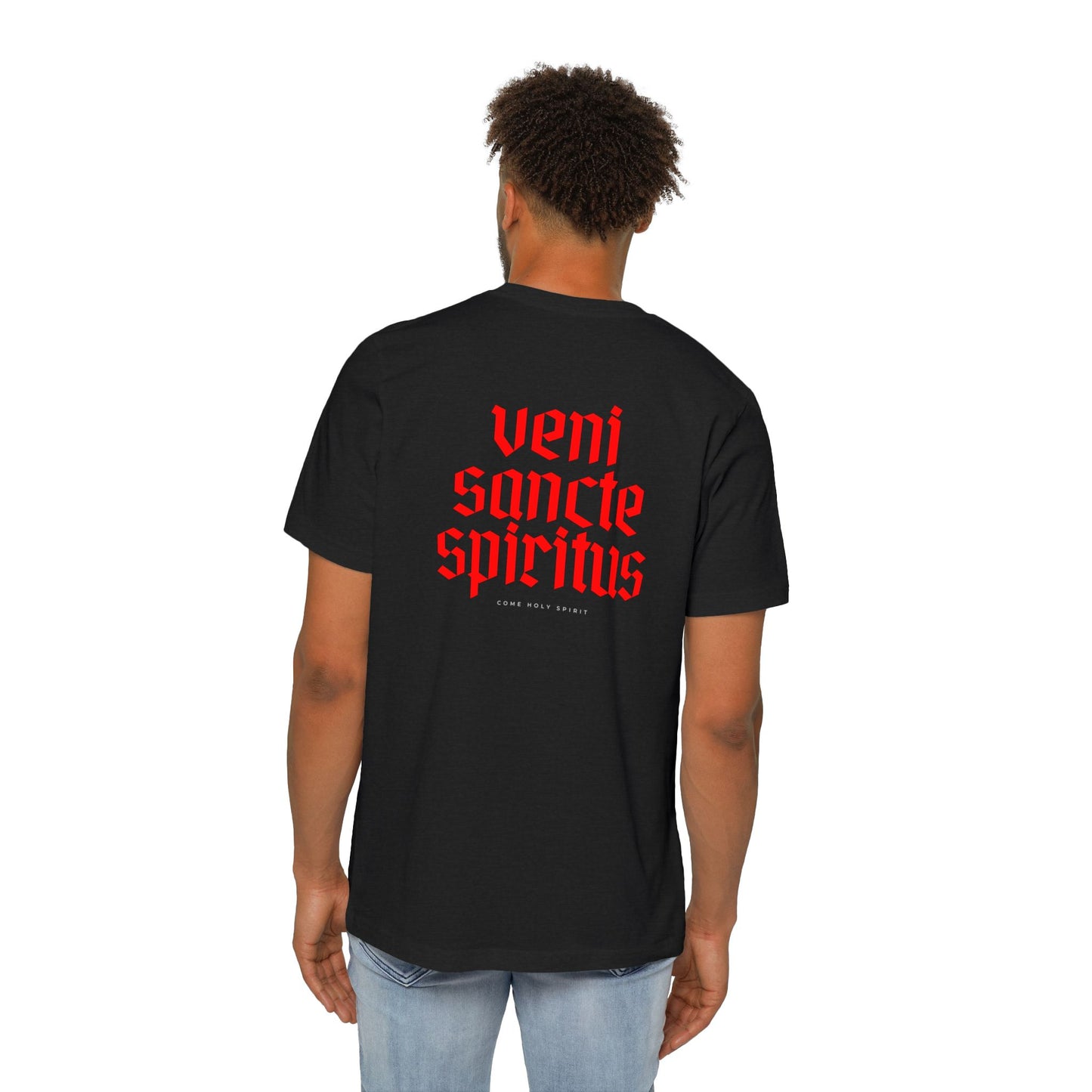 Veni Sancte Spiritus with pocket logo T-shirt, Made in USA