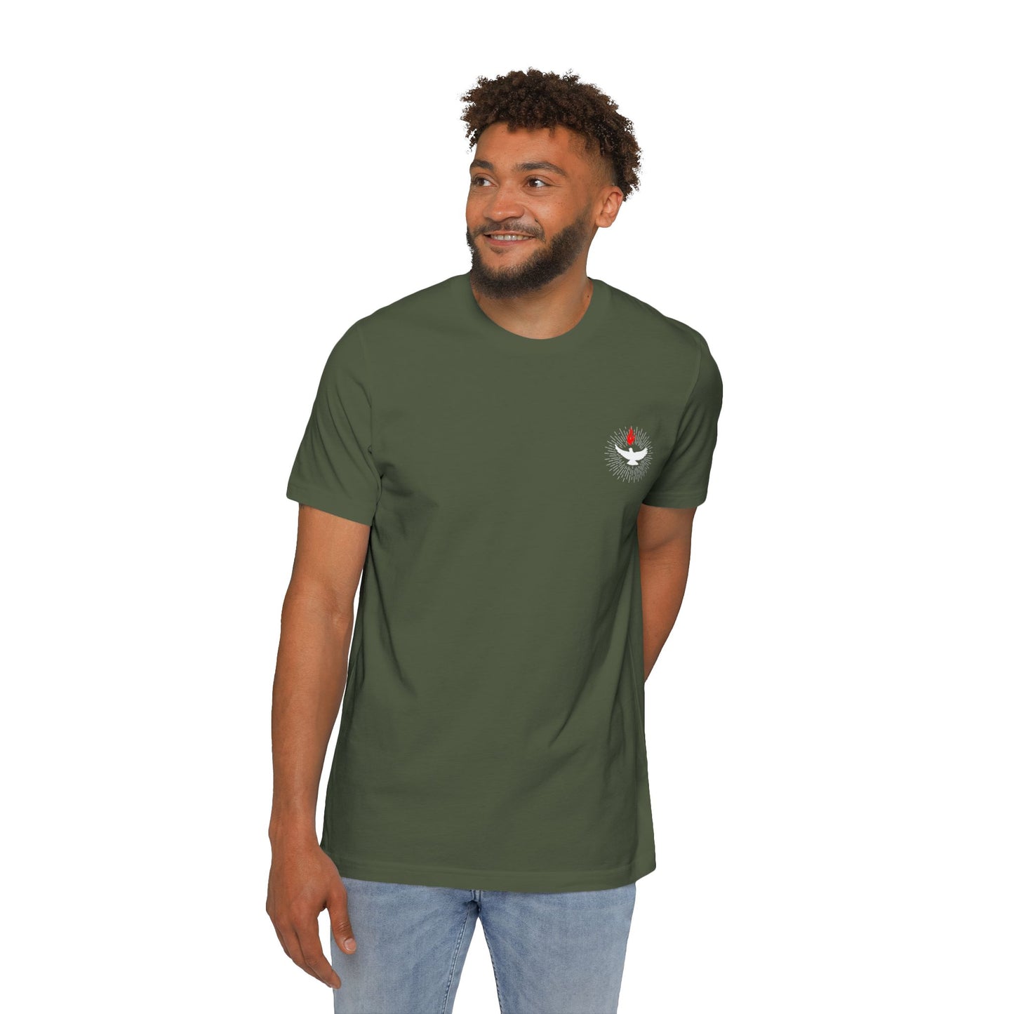 Veni Sancte Spiritus with pocket logo T-shirt, Made in USA