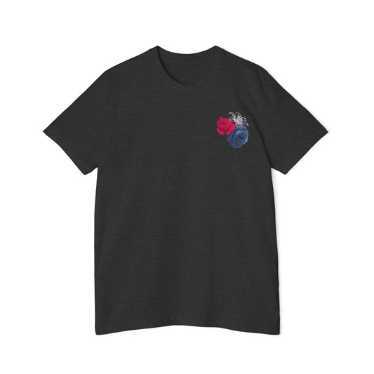 Marian Tour Dates Catholic jersey T-shirt featuring Marian feast days throughout the liturgical year with red,  blue, and white flowers in heather black