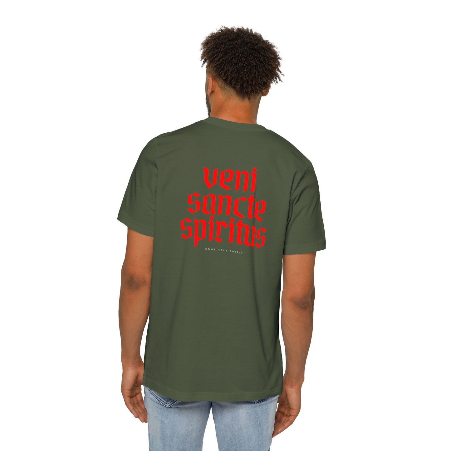 Veni Sancte Spiritus with pocket logo T-shirt, Made in USA