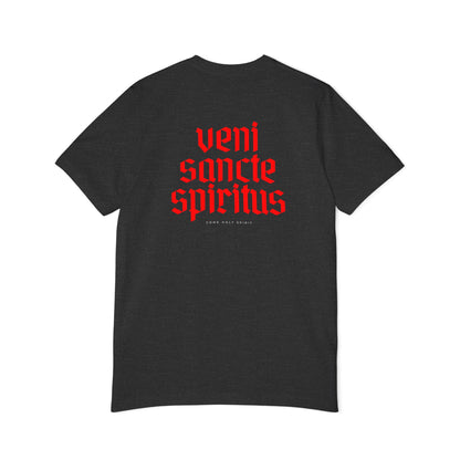 Veni Sancte Spiritus with pocket logo T-shirt, Made in USA